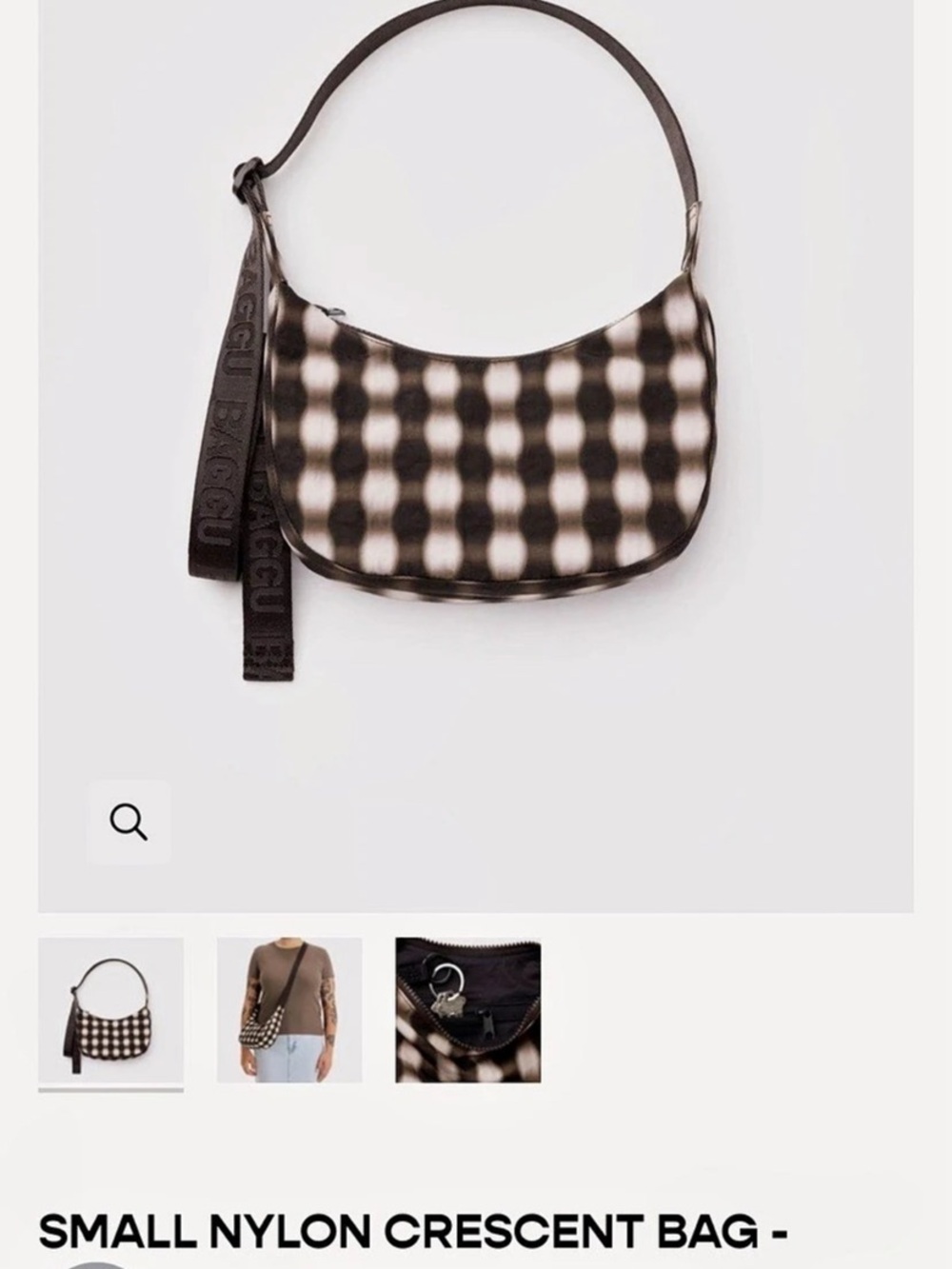 Baggu Small Nylon Crescent Bag Gingham Shoulder Bag in Brown & White